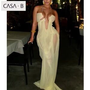 SOON💫CASA B|The Mirage Wet Look Sheer Maxi Rhinestone Chain Detail Evening dress